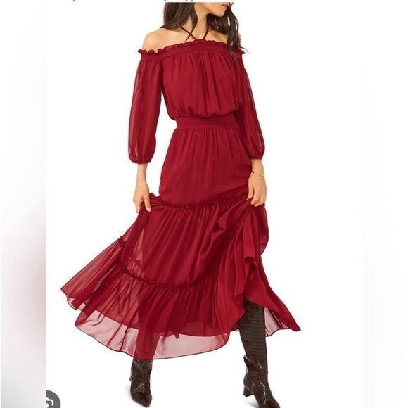 NWT Wine 1.STATE Smocked Shoulder Halter Maxi Long Ladies Size 2X Sheer Dress - Picture 1 of 4